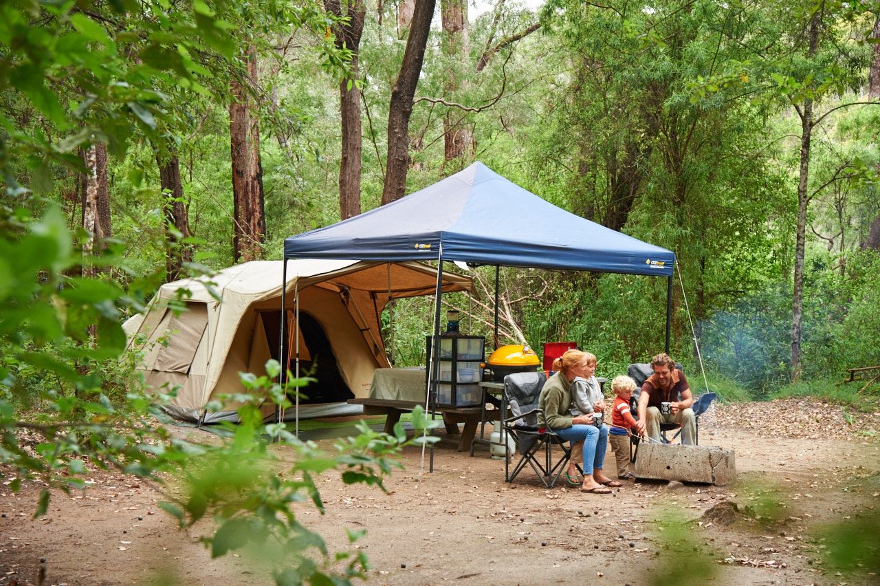 A family camping in the forest