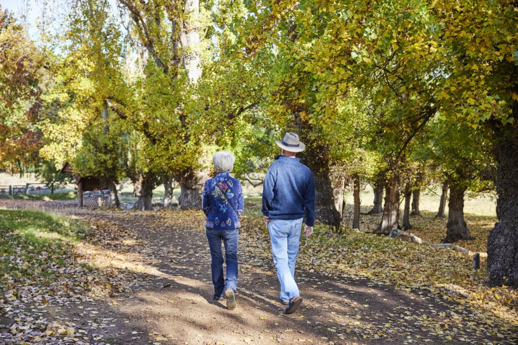 A couple take a winter stroll through Bunbury Geographe's Golden Valley Tree Park.